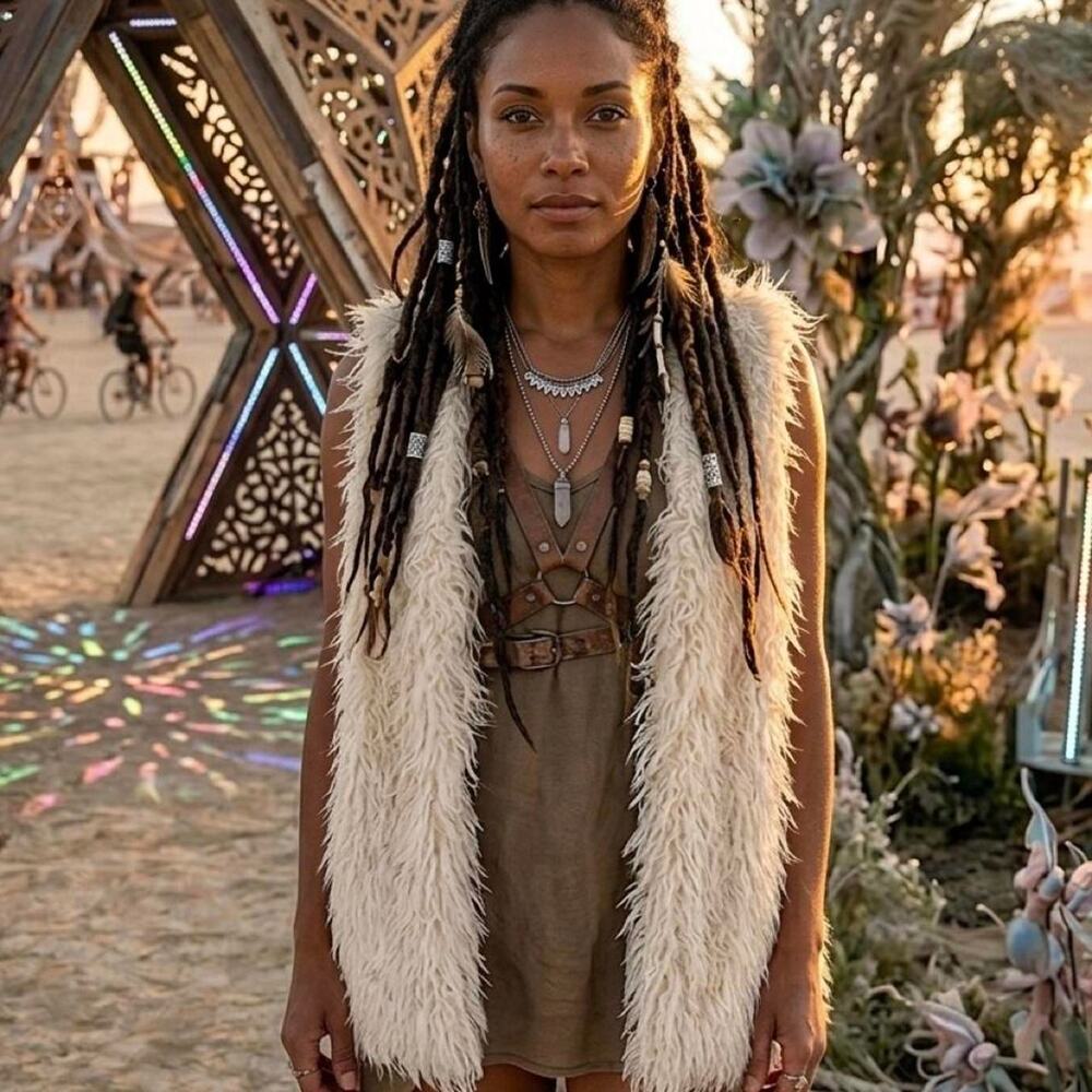 Cream Ribbon Fringe Vest Large Fairycore BurningMan